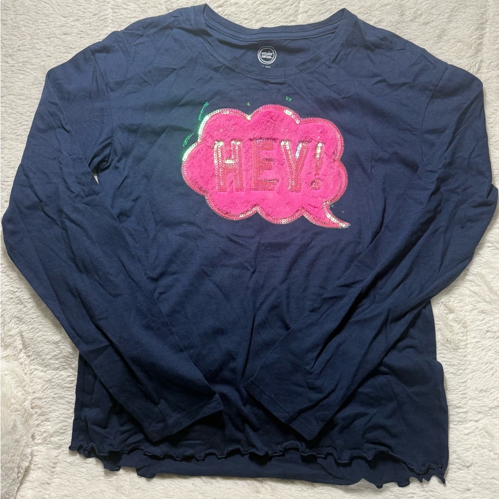 NWOT Girls Wonder Nation Navy Blue Kids Shirt w/ Pink 'HEY!' Design Sz XL (14/16